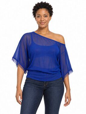 Simply Irresistible Women’s Royal Blue Sheer Off-Shoulder Top Size Large